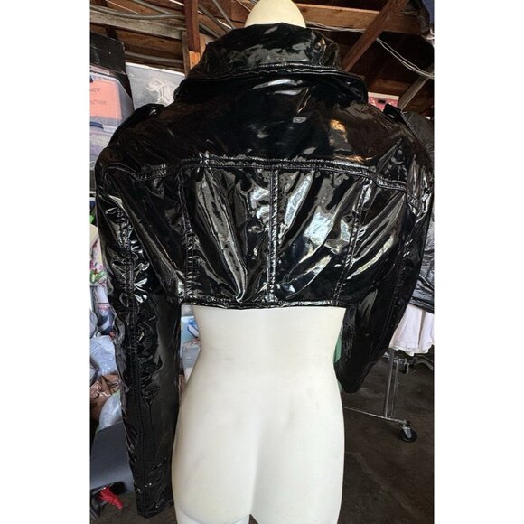 Hot & Delicious Zip Large Black Polyurethane Crop Biker Moto Jacket Wet Look - Picture 3 of 12